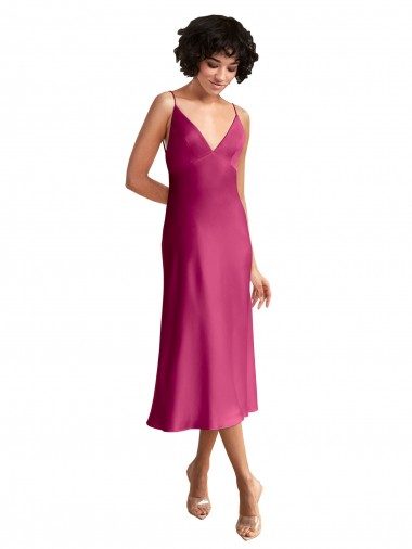 Purchase Stretch Satin A-Line Midi Length Sleeveless Low Back Formal Evening Dress