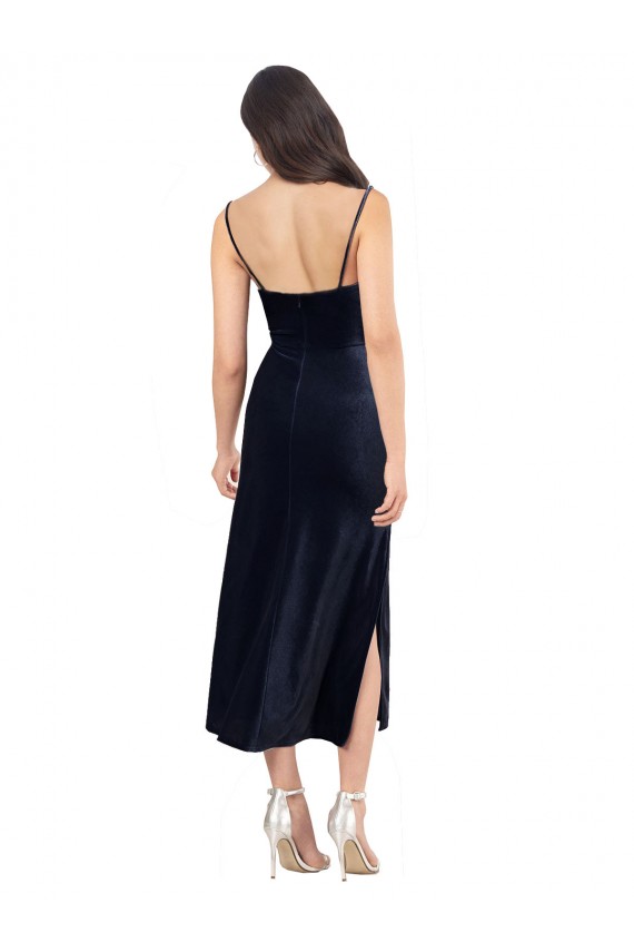 Purchase Stretch Velvet Column Midi Length Sleeveless Low Back Formal Evening Dress