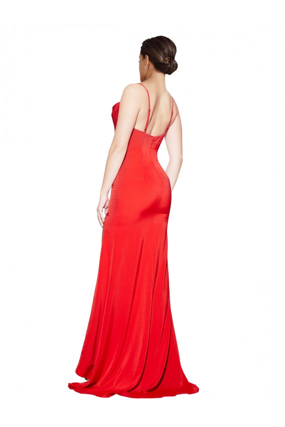 Purchase Stretch Satin Sheath Long Sleeveless Low Back High Side Slit Prom Dresses